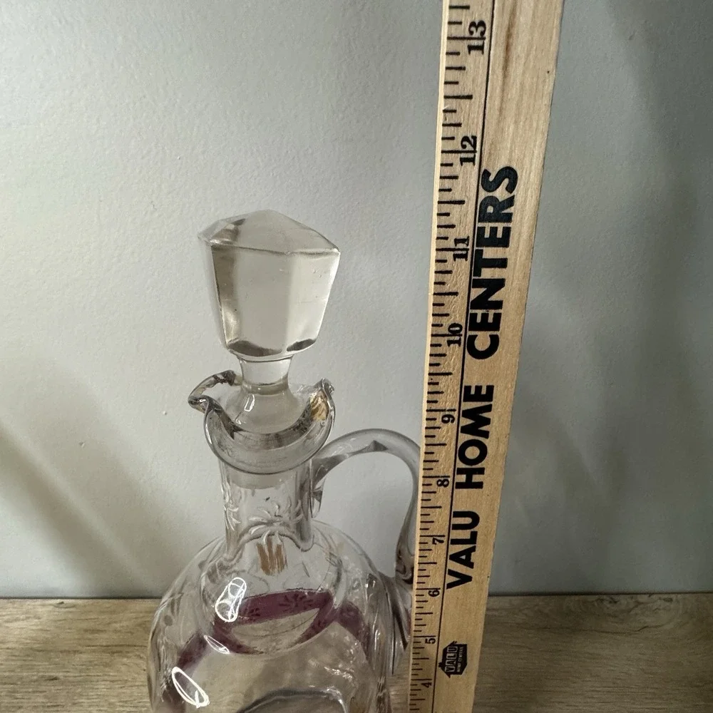 Vintage Clear Glass‎ Decanter Hand Painted Floral Jug Ewer Enamel Stopper MCM